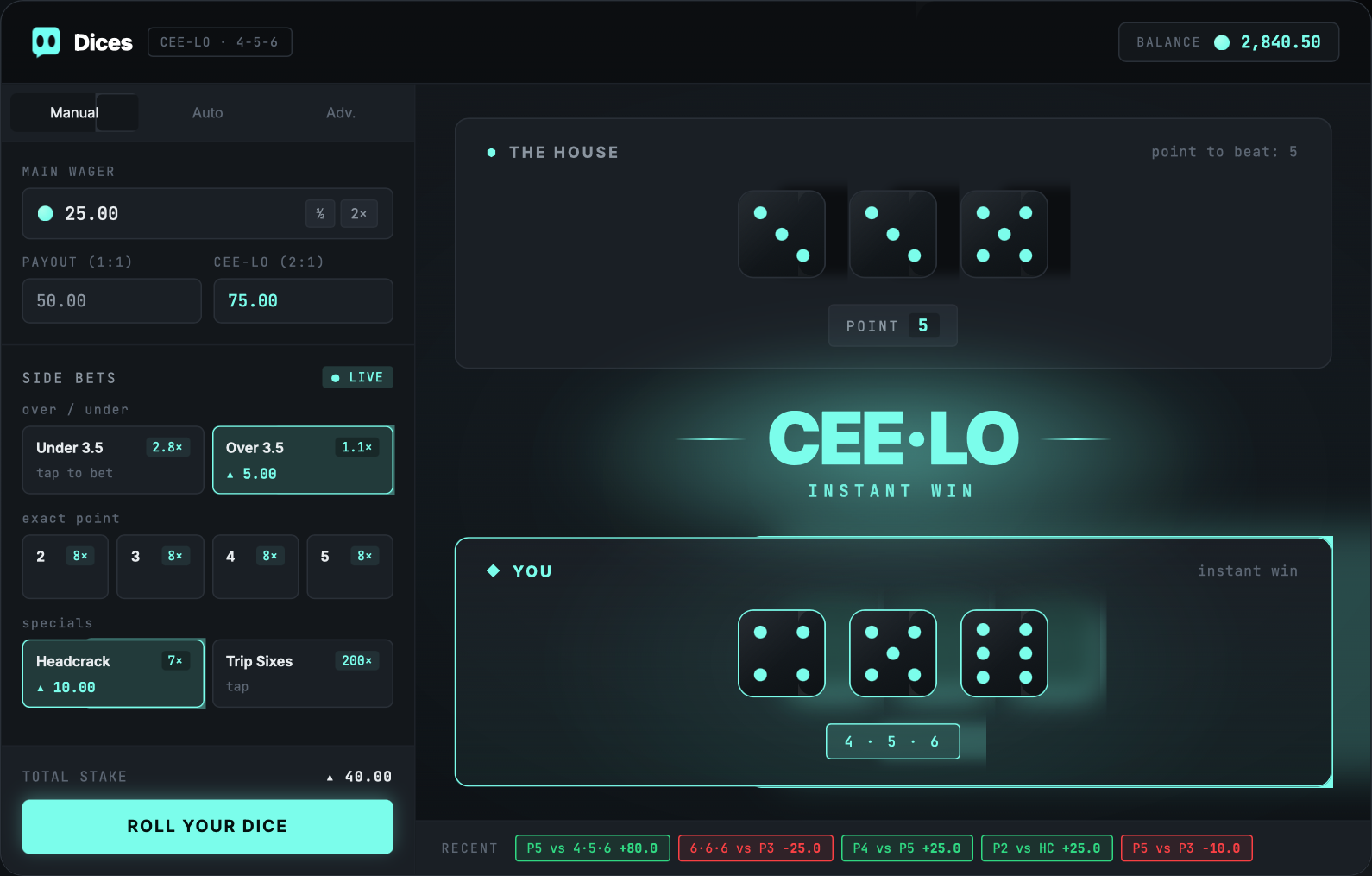 Dices Cee-Lo game UI